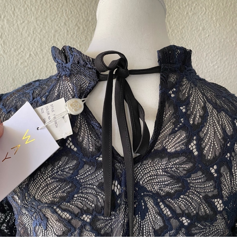 NWT WAYF Emma Puff Sleeve Lace Top Blouse Womens S Navy Floral Mock Neck Elegant - Picture 11 of 15